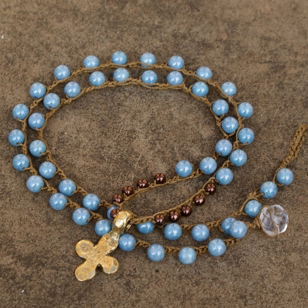 Denim crochet necklace - gold cross boho chic artisan beach jewelry, blue bronze rustic religious christian necklace