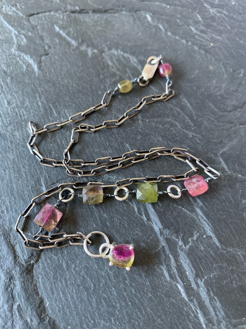 Dainty tourmaline necklace - minimalist asymmetric gemstone necklace, fine silver necklace, layering jewellery, October birthstone gift