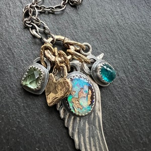 Angel wing charm necklace, boulder opal, apatite and tourmaline, mixed metal jeweller gift for her