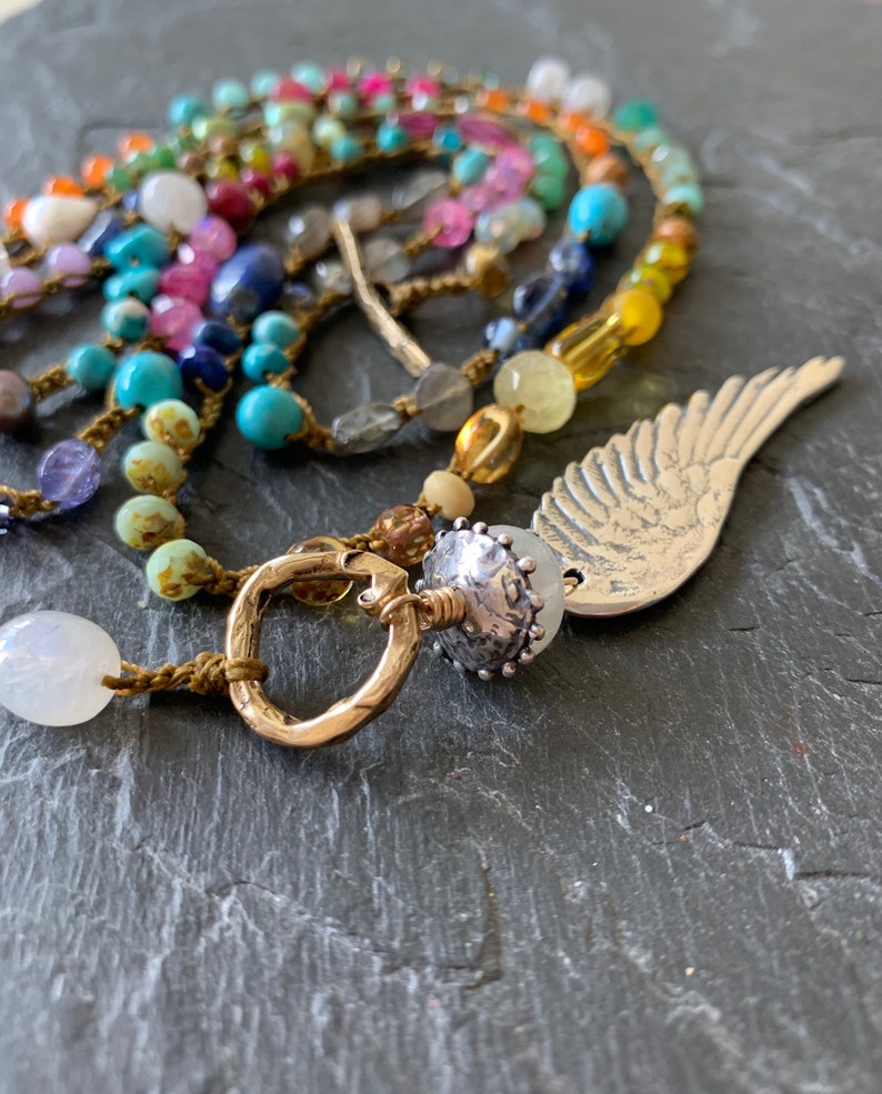 colourful boho crochet jewellery Double strand layering bohemian wing necklace Angel wing necklace