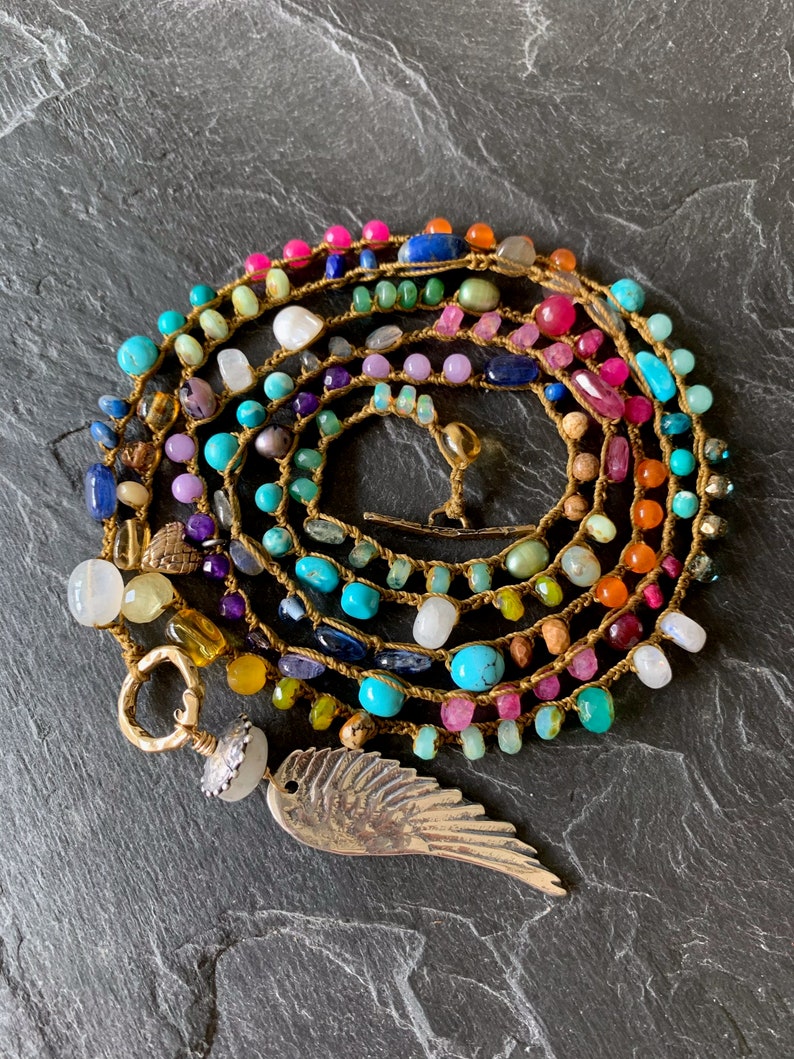 colourful boho crochet jewellery Double strand layering bohemian wing necklace Angel wing necklace