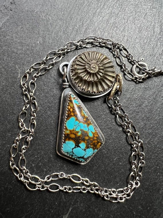 Ammonite Negative and Turquoise Necklace, Bezel Set Mixed Metal