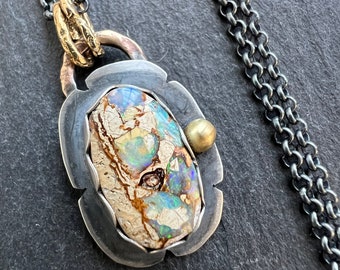 Beautiful boulder opal necklace, Rainbow opal with sterling silver and gold bronze, layering necklace