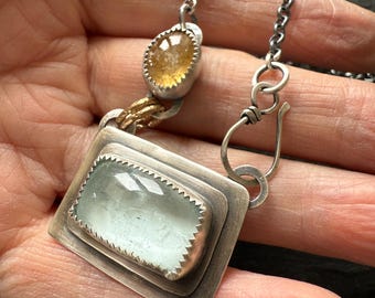 Aquamarine and Tourmaline necklace, gemstone bezel set jewellery, 925 sterling silver necklace