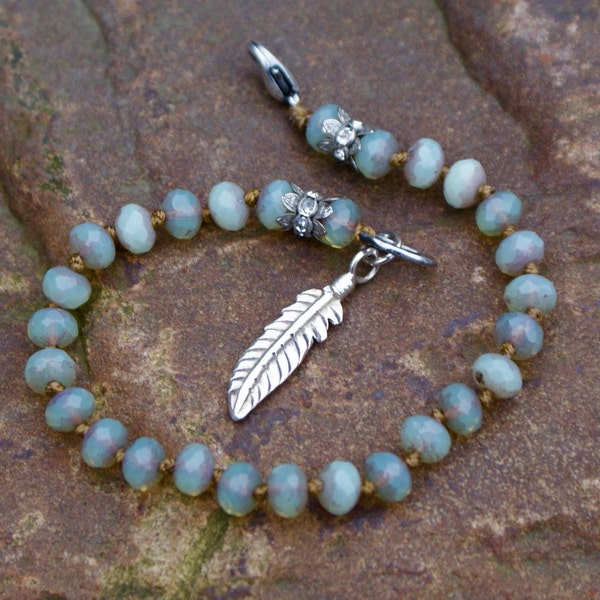 Rustic mint boho knot bracelet - Bohemain country chic knotted jewelry, sterling silver feather charm