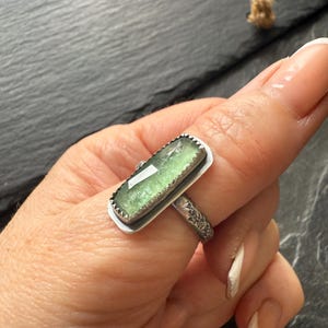Kyanite elongated ring, green stone jewellery, 925 sterling silver jewelry