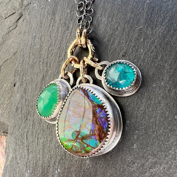 Ammolite charm necklace, apatite and chrysoprase jewellery, sterling silver bezel set jewellery