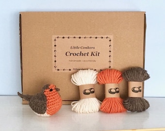 Robin Crochet Kit / DIY Kit Craft Kit Eco-friendly Gift for Crocheter / Make your own Christmas Ornament Kit Robin Crochet Pattern Bird