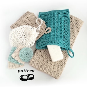 Crochet Bathroom Set / Washcloth / Guest Towel / Wash Mitt / Face Scrubbies / Laundry Bag - Crochet Patterns