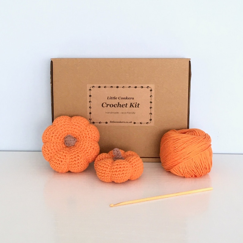 Crochet kit to make mini pumpkins in a kraft box