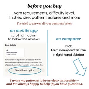May include: An informational graphic with black, blue, and brown text providing instructions on how to view item details. It includes a visual example of a digital download box with a button labelled See full description and a blue arrow pointing down.