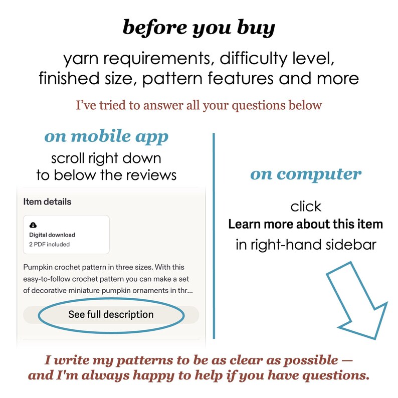 May include: An informational graphic with black, blue, and brown text providing instructions on how to view item details. It includes a visual example of a digital download box with a button labelled See full description and a blue arrow pointing down.