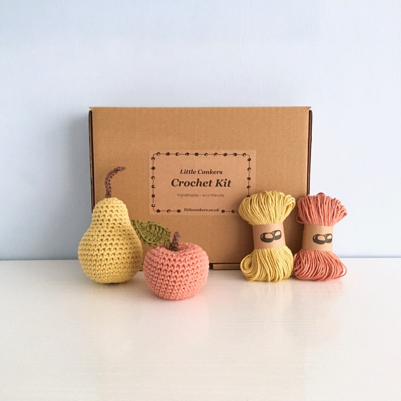 Crochet kit for an apple and pear in a kraft box