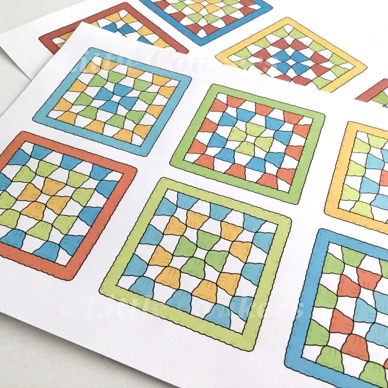 Puede incluir: Conjunto de seis tarjetas cuadradas imprimibles con un patr&oacute;n geom&eacute;trico colorido. Cada tarjeta presenta una combinaci&oacute;n de colores diferente de naranja, amarillo, verde, azul y blanco.