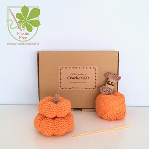 May include: An orange crochet pumpkin, a ball of orange yarn, and a crochet hook are displayed next to a cardboard box labeled "Little Conkers Crochet Kit." A small spool of brown yarn sits atop the ball of orange yarn. The image also includes a "Plastic Free" logo.