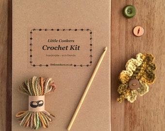 Crochet Brooch Kit / DIY Brooch Kit / Eco-friendly Craft Kit / Crochet Leaf Brooch / Crochet Gift for Crocheter / Autumn Birthday Craft Gift