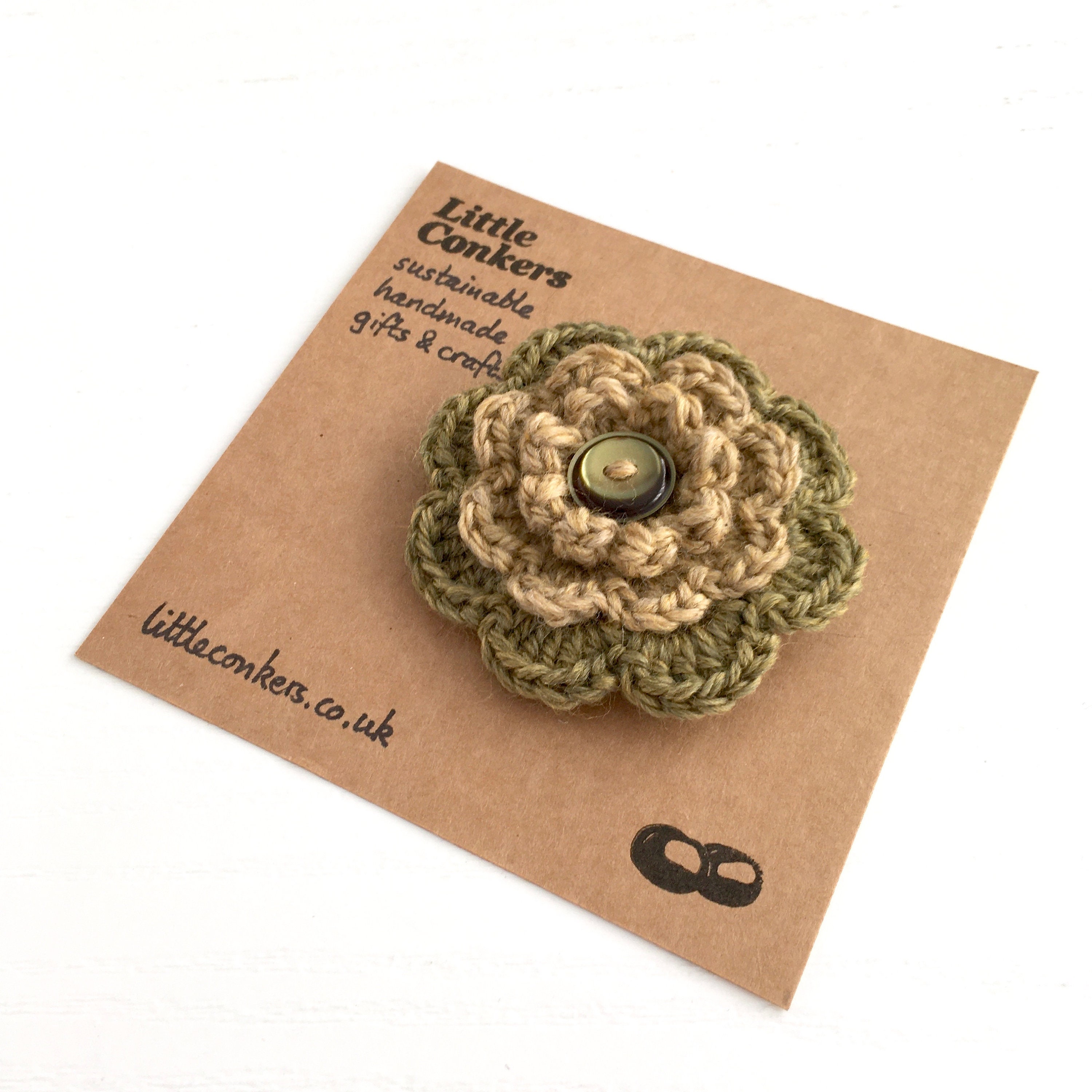 Green & Gold Brooch Eco-Friendly Gift For Mum Stocking Filler Organic Wool Handmade Flower Recycled Small/Her