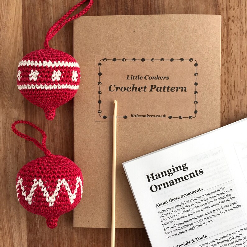 Red and white crocheted Christmas ornaments and the crochet pattern to make them
