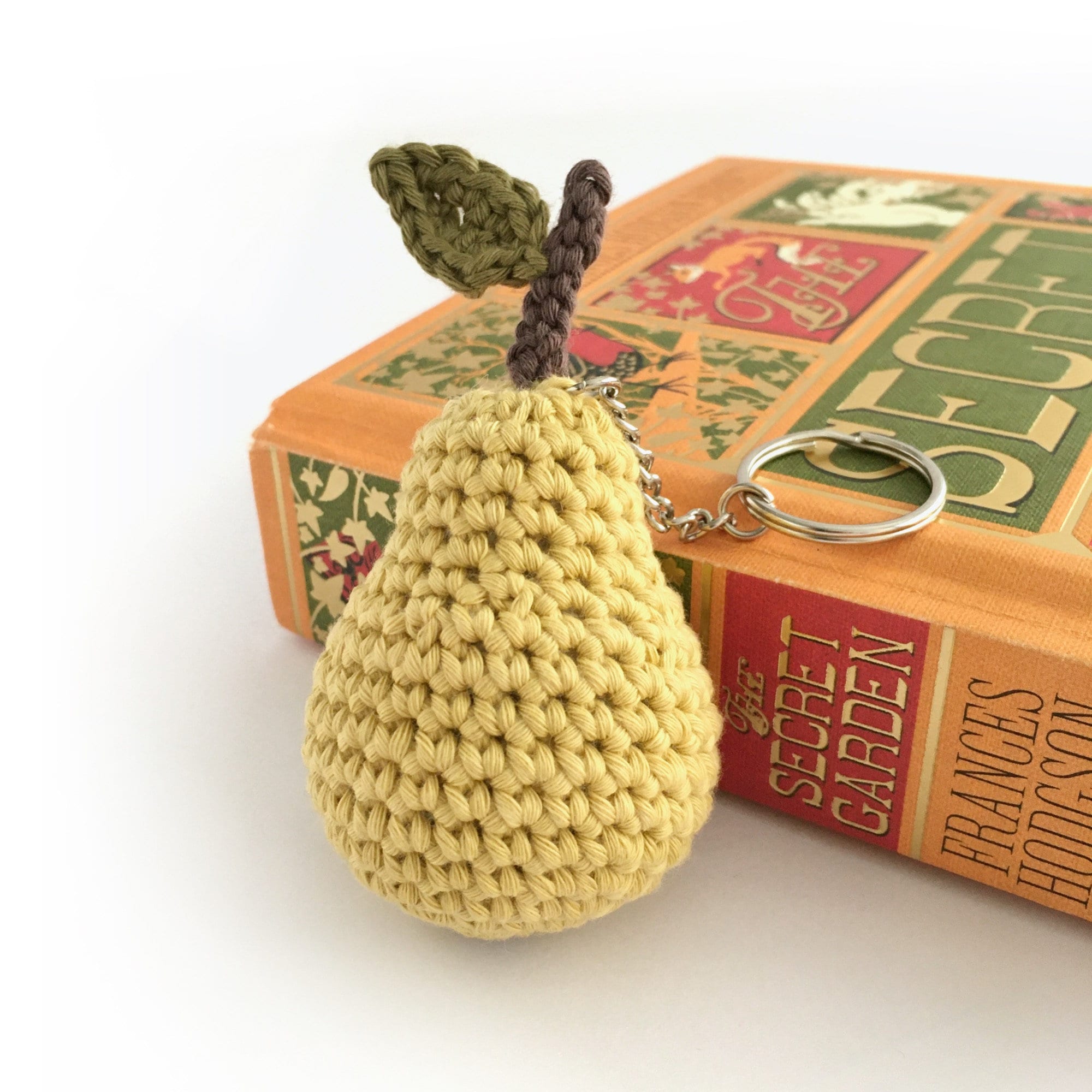 Pear Keyring: Crocheted Organic Cotton Fruit Keychain or Bag Charm