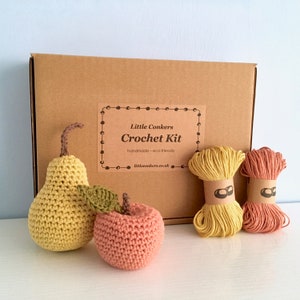 Crochet kit for an apple and pear in a kraft box