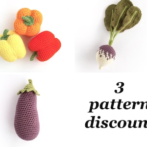 Crochet Vegetable Patterns Discount Bundle / Crochet Food Patterns / Aubergine Eggplant Pepper Turnip