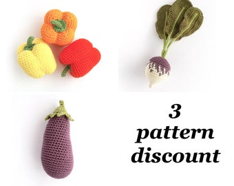 Crochet Vegetable Patterns Discount Bundle / Crochet Food Patterns / Aubergine Eggplant Pepper Turnip