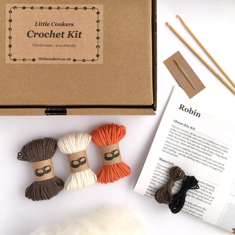 Robin Crochet Kit / DIY Kit Craft Kit Eco-friendly Gift for Crocheter / Make your own Christmas Ornament Kit Robin Crochet Pattern Bird image 4