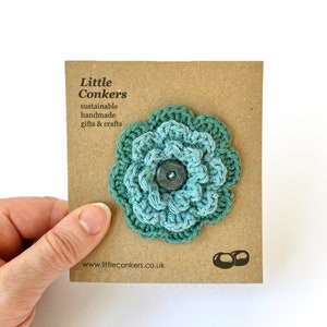 Eco-friendly Flower Brooch Teal Emerald Sea Green Pin Handmade Recycled Floral Brooch Round Layered Button Brooch / Small Gift for Mom Women image 1