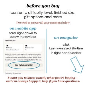 May include: An informational graphic with black and blue text explaining how to find item details on Etsy. It instructs mobile users to scroll below reviews and computer users to click Learn more about this item in the right-hand sidebar.