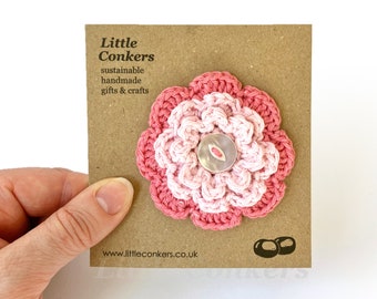 Pink Flower Brooch Eco-friendly Recycled Zero Waste Gift for Her Crocheted Flower Pin Button Brooch Pin / Small Gift for Mom Women