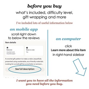 May include: An informational graphic with black, blue, and brown text providing instructions on how to view item details. It includes a visual guide for mobile app users to scroll below reviews and computer users to click the sidebar link.