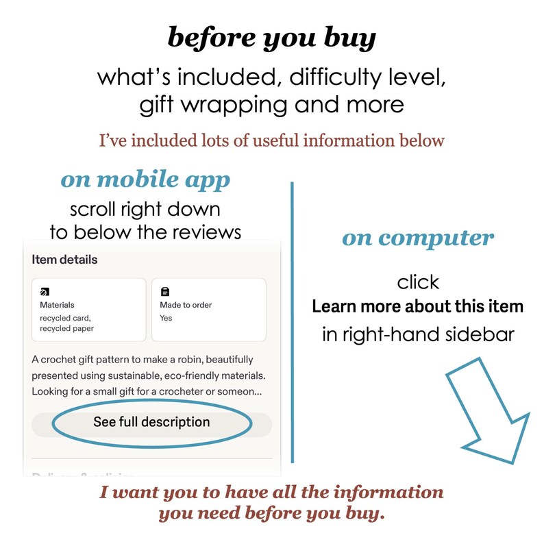 May include: An informational graphic with black, blue, and brown text providing instructions on how to view item details. It includes a visual guide for mobile app users to scroll below reviews and computer users to click the sidebar link.