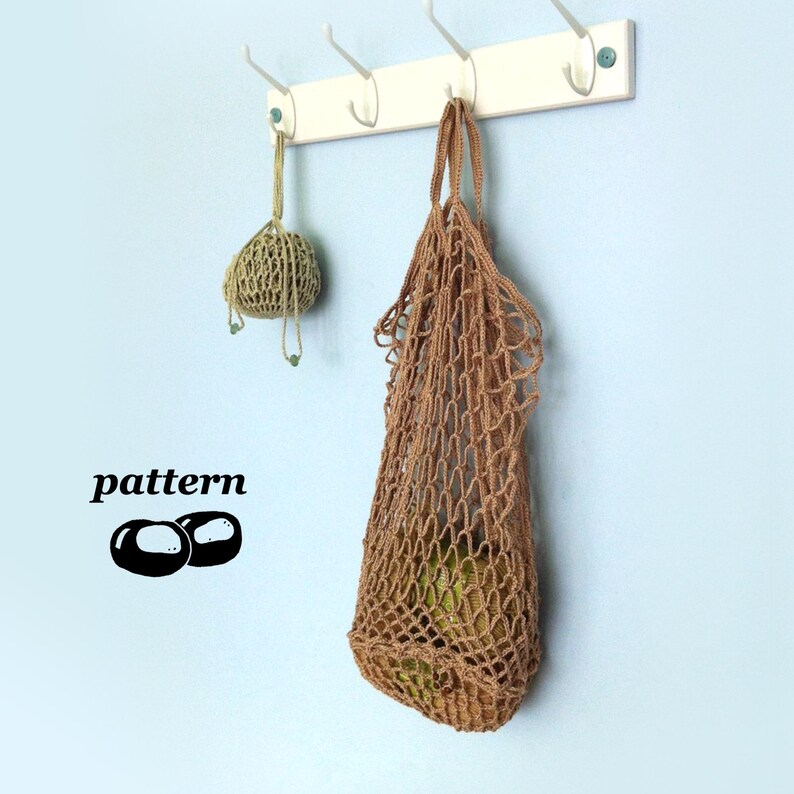 May include: A brown crocheted net bag with a mesh design hanging from a hook, accompanied by a smaller light green crocheted net pouch. The image includes the black text "pattern" above a graphic illustration of two brown chestnuts.