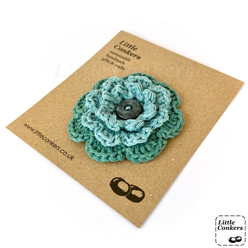 Eco-friendly Flower Brooch Teal Emerald Sea Green Pin Handmade Recycled Floral Brooch Round Layered Button Brooch / Small Gift for Mom Women image 2
