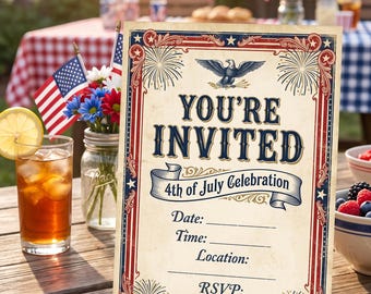 4th of July Party Invitation Printable | Vintage Americana Style | Fill-in Blank Invite | Instant Download