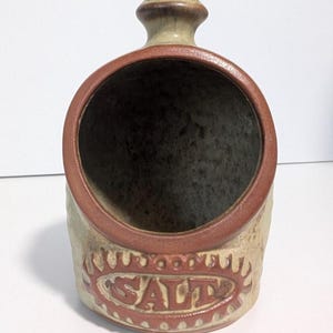 May include: A ceramic salt cellar with a wide, open-front design and a top handle. The piece features a speckled beige body with a reddish-brown rim and a matching oval emblem on the front containing the embossed text SALT in capital letters.