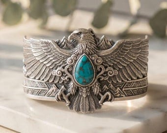 Handmade Sterling Silver Eagle Cuff Bracelet, Turquoise Stone, Oxidized Finish, Boho Jewelry