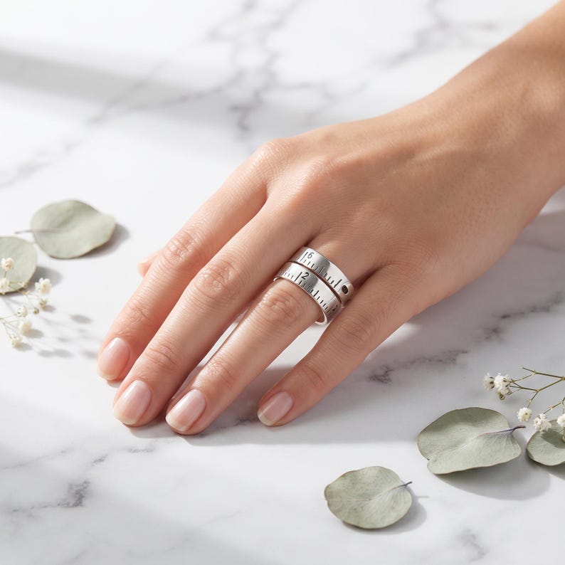 May include: A silver-toned metal ring featuring a design that mimics a measuring tape, complete with engraved black hash marks and the numbers 1 and 2 clearly visible on the band's surface, worn on a finger.