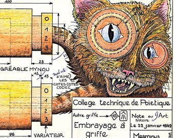 Díptico visual con juego de palabras: Garra de empleado - 2 láminas artísticas a partir de un dibujo técnico auténtico de 1949 | MESMIN padre e hijo
