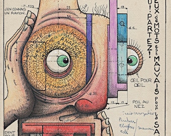 Díptico visual con juego de palabras y soporte para herramientas para un auténtico dolor de cabeza: 2 láminas artísticas auténticas. Dibujo técnico de 1949 | MESMIN padre e hijo