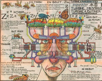 Juego de palabras visual - Díptico - | Turbina de forrajeo | 2 láminas artísticas a partir de un dibujo técnico auténtico de 1958 | MESMIN padre e hijo