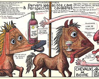 Juego de palabras visual - Díptico - | Bodega especializada en perversiones | 2 láminas artísticas a partir de un dibujo técnico auténtico de 1949 | MESMIN padre e hijo