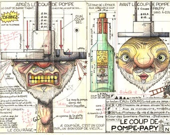 Díptico de juego de palabras visual / La lágrima del abuelo / 2 láminas artísticas a partir de un dibujo técnico auténtico de 1958 / MESMIN padre e hijo