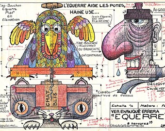 Juego de palabras visual - Díptico - | El gusano borracho vagará | 2 láminas artísticas a partir de un dibujo técnico auténtico de 1949 | MESMIN padre e hijo