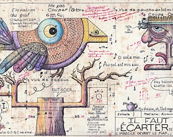 Juego de palabras visual - Díptico - Hay que mantenerse alejado del tonto antes que del pájaro - 2 láminas artísticas auténticas, dibujo técnico de 1949 | MESMIN padre e hijo