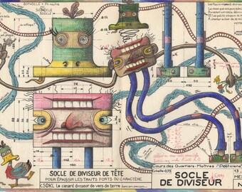 Juego de palabras visual - Díptico - | Base divisoria de cabezas | 2 láminas artísticas de un dibujo técnico auténtico de 1958 | MESMIN padre e hijo
