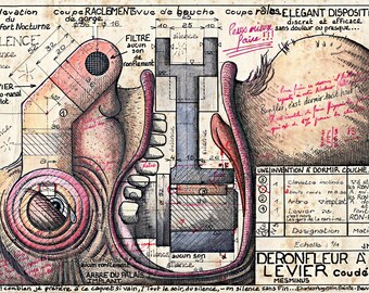 Juego de palabras visual - Díptico / Desinflador de palanca angular / 2 láminas artísticas de un dibujo técnico auténtico de 1949 | MESMIN padre e hijo