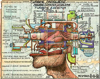 Juego de palabras visual - Díptico - | Turbine Parolière | 2 láminas artísticas a partir de un dibujo técnico auténtico de 1958 | MESMIN padre e hijo