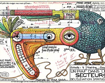 Juego de palabras visual - Díptico - Un pájaro en el sector de la elevación espiritual - 2 láminas artísticas, dibujo técnico auténtico 1949 MESMIN padre e hijo