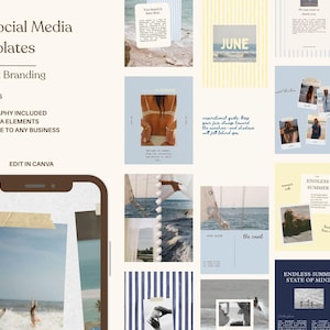 Könnte beinhalten: Eine Sammlung von 45 Social-Media-Vorlagen für Küsten-Branding, die verschiedene Layouts mit Strandfotografie, hellblauen und gelben Farbpaletten, Streifenmustern und Textelementen auf einer digitalen Benutzeroberfläche zeigen.